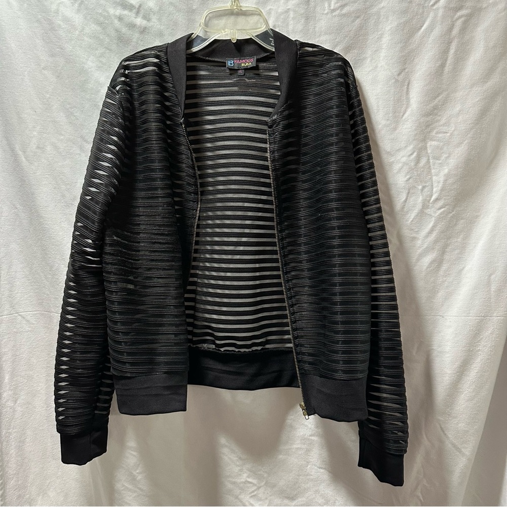 B Famous Black Sheer Striped Bomber Jacket Size XL